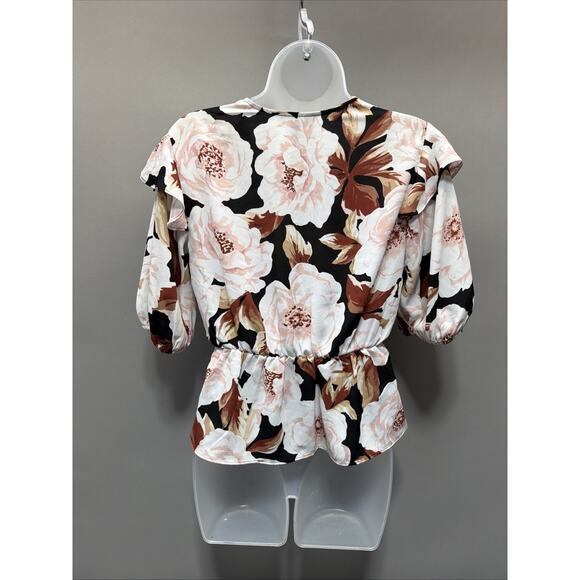 Express blouse top womens S Tie Waist Faux Wrap balloon sleeve brown floral - Picture 2 of 7